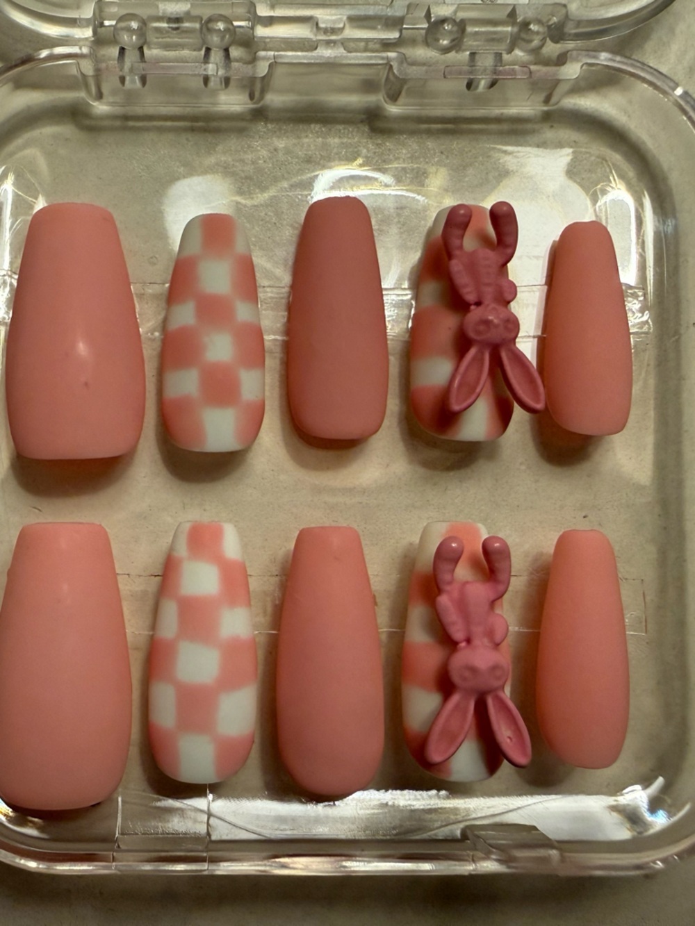 Pink Checkered and Bunny Press-On Nails